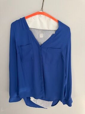 Simply Styled Royal Blue V-Neck Long Sleeve Pocket Blouse